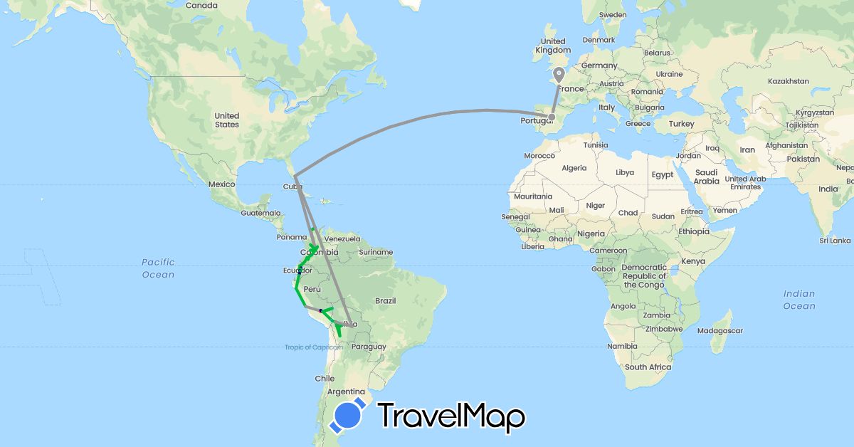 TravelMap itinerary: driving, bus, plane, hiking, boat in Bolivia, Colombia, Ecuador, Spain, France, Peru, United States (Europe, North America, South America)