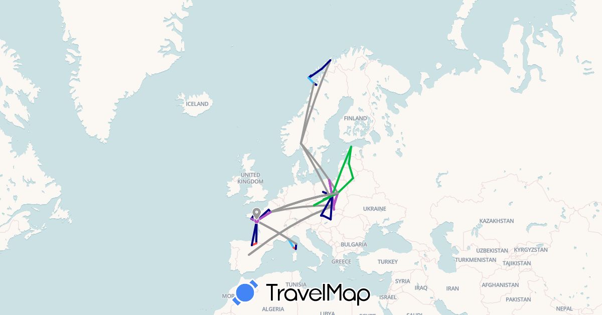 TravelMap itinerary: driving, bus, plane, train, hiking, boat in Austria, Czech Republic, Estonia, Spain, France, Hungary, Lithuania, Latvia, Norway, Poland, Slovakia (Europe)